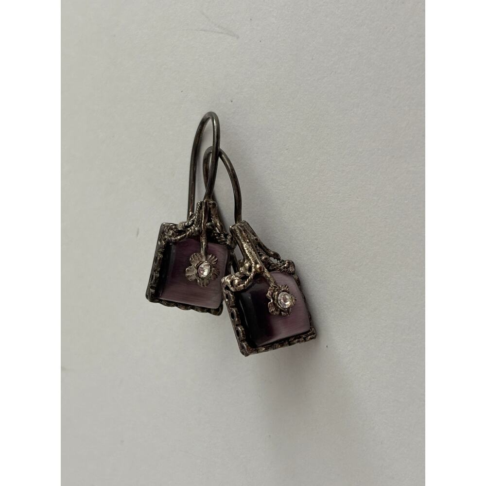 Sterling Silver Dangle Earrings Purple Cats Eye Glass